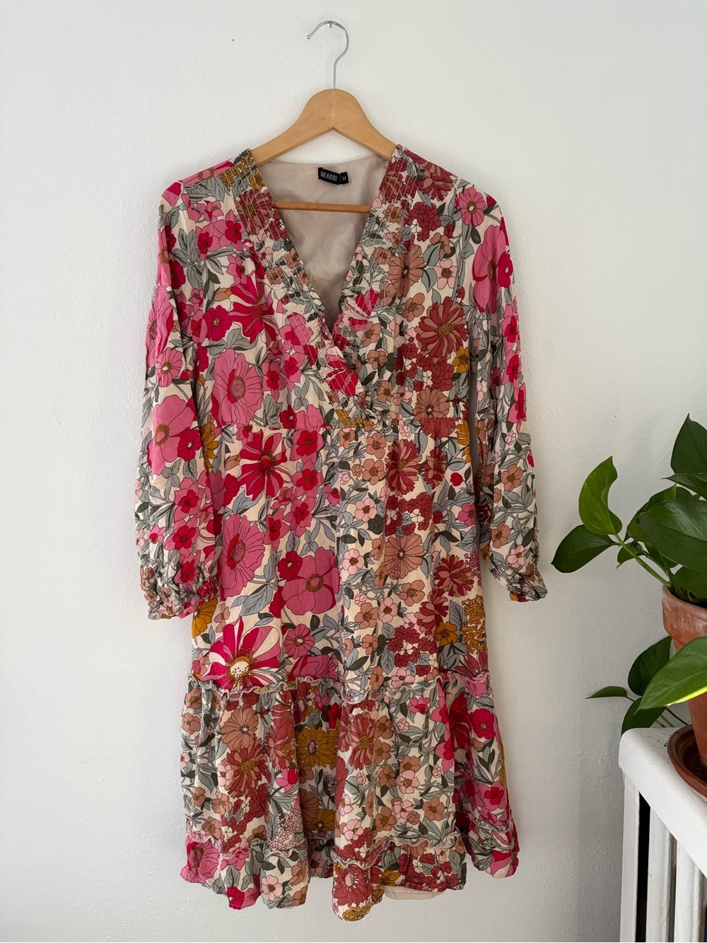 Mikarose Pink and Cream Floral Long-Sleeve Tiered Dress